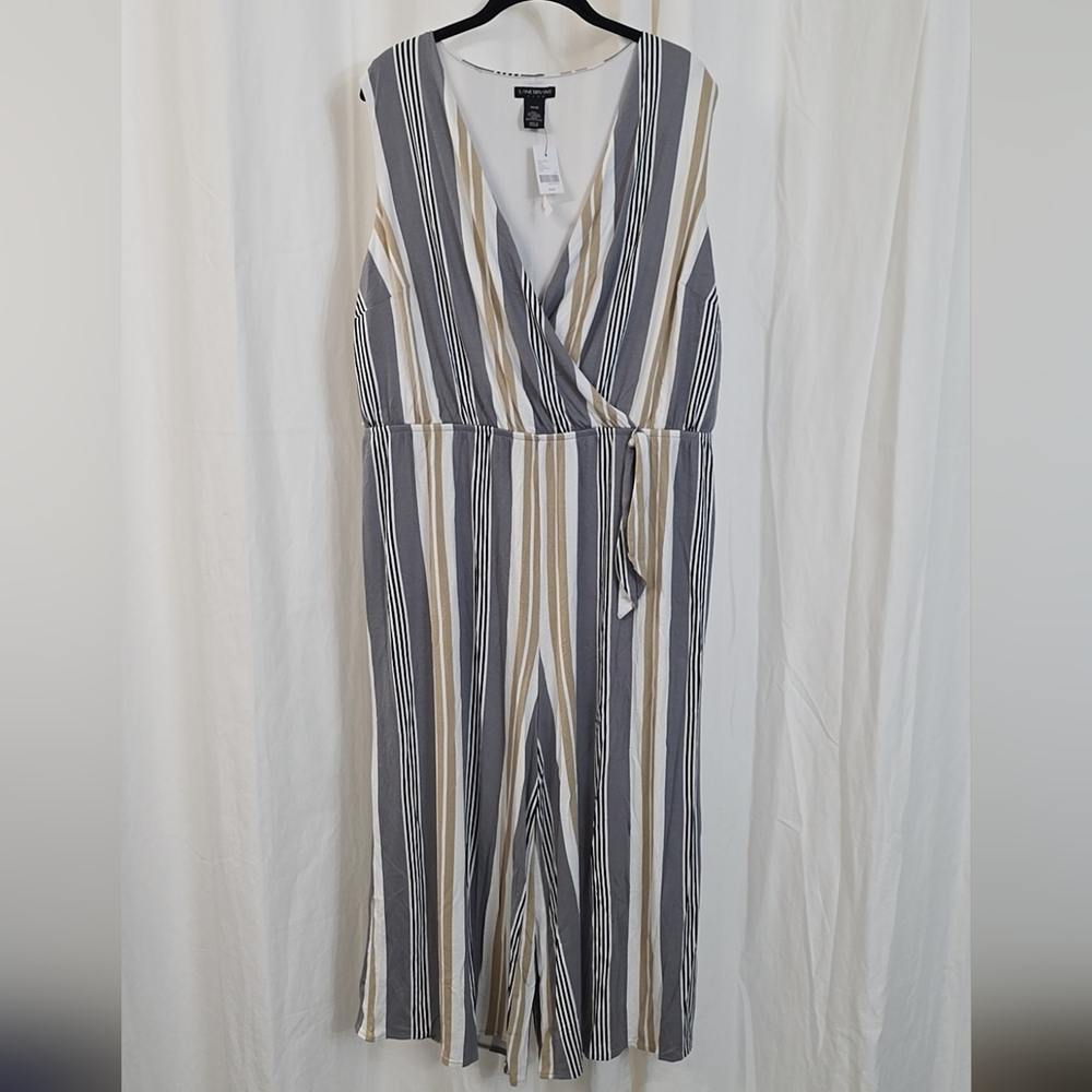 Lane Bryant 18/20 2X Sleeveless Vertical Stripe Knit Jumpsuit Grey White Yellow